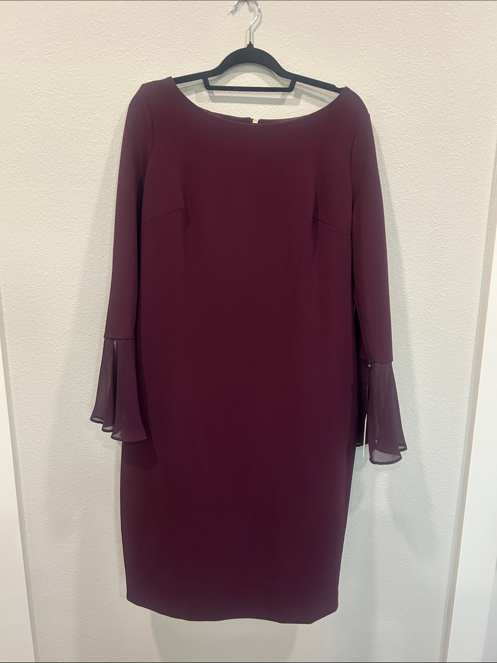 Calvin Klein Burgundy Long-Sleeve Sheath Dress with Chiffon Bell Cuffs